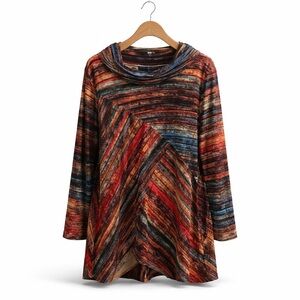 CARTISE Cowl Neck Tunic Multicolor Abstract Stripe Long Sleeve Stretch Blouse